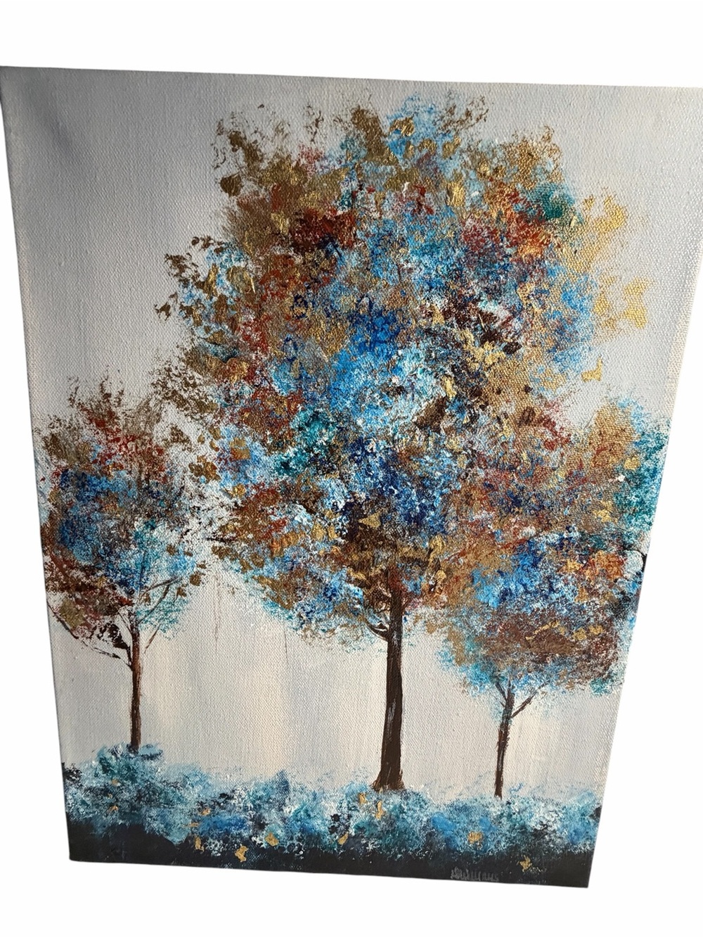 New Original Acrylic Canvas Art Trees in Blue and Gold 12" x 16" - Picture 2 of 14